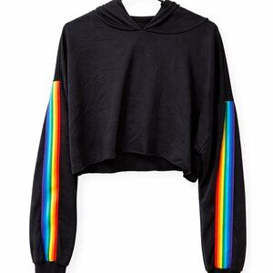 Black Cropped Hoodie with Rainbow Stripe Sleeves – Trendy Casual Sweat– Size XXL